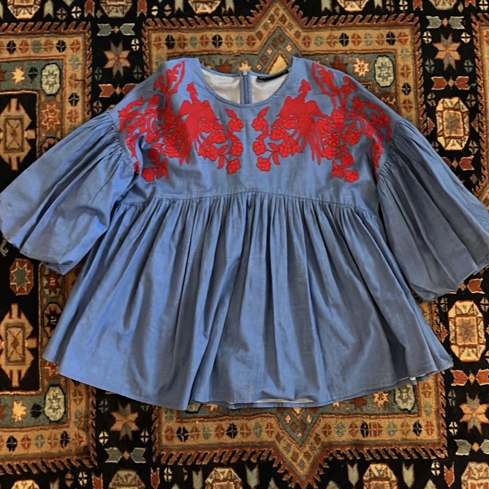 Anthropologie Hemant & Nandita flows appliqué empire puff sleeves top blouse S - Picture 5 of 11